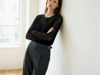 レースカーディガン+タックパンツ