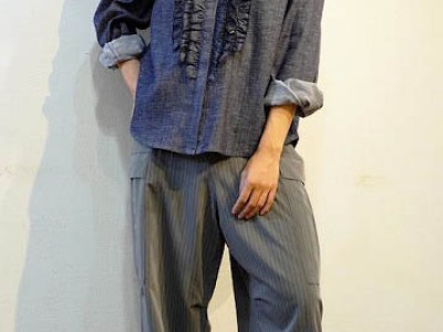 レディース デニムフリンジシャツ+スーツ生地カーゴパンツ